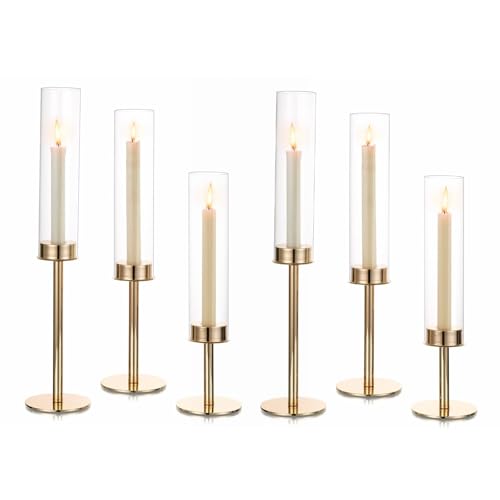 Hewory Gold Candle Holders Hurricane Candlestick Holders, 6Pcs Candle Stick Candle Holder Candelabra, Taper Candle Holders with Glass Candle Cover for Wedding Table Centerpiece Christmas Decor - color: Gold, size: 6pcs