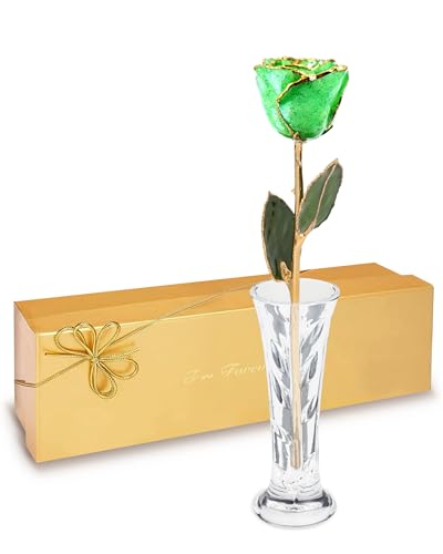 Forever Rose Hand-Dipped in 24K Gold, Peridot-Inspired August Birthstone with Sparkles, Real Rose in Luxury Gold Gift Box & Clear Glass Bud Vase – Perfect Ready for August Birthday or Any Occasion - color: August Peridot