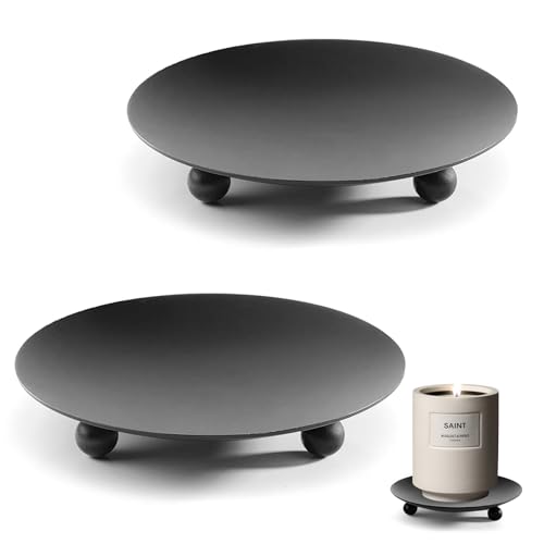 2-Pack Black Iron Candle Holders & Plates – 4.3" Elegant Stand for Taper, LED, Wax Candles, Incense, Weddings, Dining & Decor