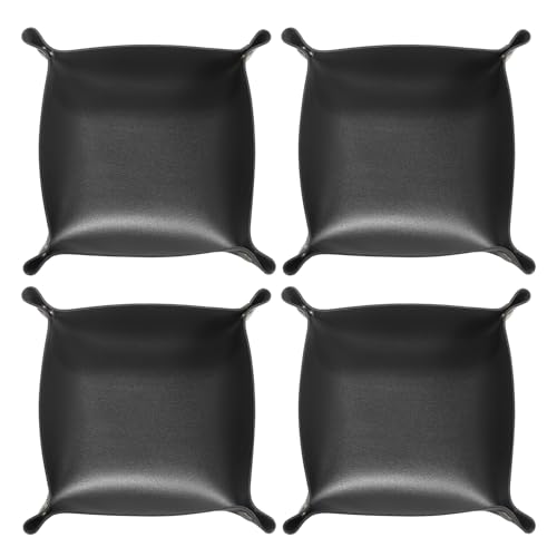 HARFINGTON 4pcs PU Leather Valet Tray Unisex Folding Small Catchall Tray Portable Entryway Table Tray Nightstand Bedside Desk Tray for Key Wallet Watch Coin Jewelry Dice, Black - color: Black