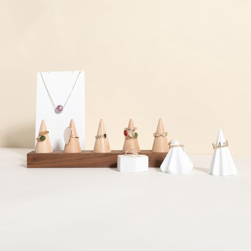 GemeShou Wooden ring organizer holder for jewelry, Stable ring display stand for boutique store, walnut base with white ring cones for jewelry selling【Ring holder-Cone 5】 - style: Five Cone