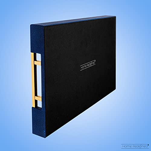 Modern Elegant 17.5”x12” Rectangle Navy Blue Faux Leather Shagreen Decorative Tray Ottoman Tray Coffee Table Perfume Living Room Kitchen Serving Tray with Brass Gold Metal Handles by Home Redefined. - color: Navy/Gold Brass