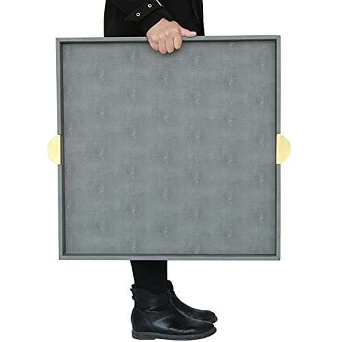 HofferRuffer Extra Large Square Serving Tray, Elegant Faux Leather Ottoman Tray with Gold Hardware Handles, Serve Tea, Coffee or Breakfast in Bed, 23.6 x 23.6 inches (Large Square) - color: Dark Grey, size: 23.6" x 23.6" x 2"