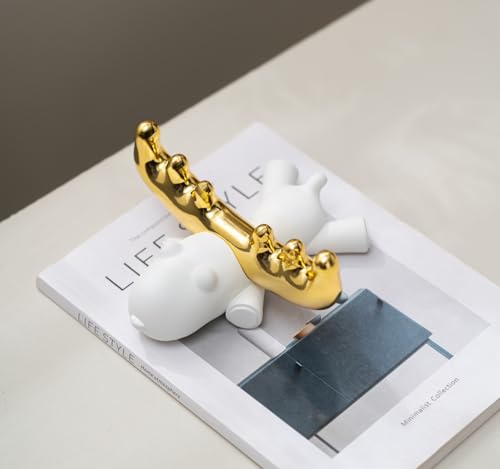 Modern White Reclining Stag Sculpture, Golden Antlers Resin Animal Figurine, 6.5 x 6.69 x 2.95 Inches, Minimalist Desktop Decor for Bookshelf, Living Room & Home Office (White B) - size: H2.95 in White B
