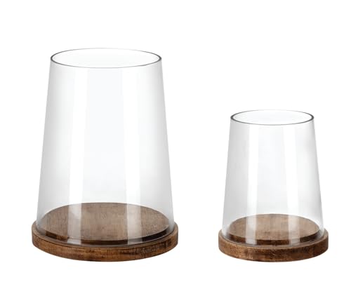 Set of 2 Glass Hurricane Candle Holders with Handmade Sturdy Glass Sleeves and Vintage Natural Wood Base for Pillar Candle & Plants, Industrial, Farmhouse, Display Cloche Bell Jars, Table Centerpiece - color: Vintage Natural, size: Set of 2