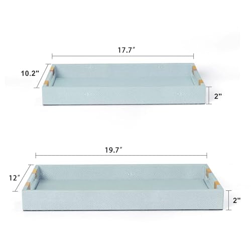 2 Pack Large Ottoman Tray Shagreen Decorative Tray Serving Tray with Acrylic Gold Handles, Ice Blue Vegan Leather Coffee Table Tray for All Occations Home Decor - color: Light Aqua, size: 2 Pack, L(19.7" x 12" x 2") M(17.7" x 10.2" x 2")