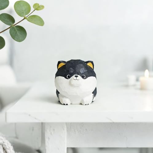 Hand Carved Black Shiba Inu Figurine with Round Wood Base – Cute Chubby Shiba Wooden Dog Statue, Handmade Desk Decor, Adorable Collectible Sculpture, Unique Gift for Dog Lovers & Pet Owners - color: Black Shiba Inu