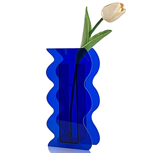 BLOFLO Klein Blue Acrylic Vase, Geometric Wave Shaped Vases for Flowers, Modern Contemporary Decor for Home Office Wedding - color: Klein Blue