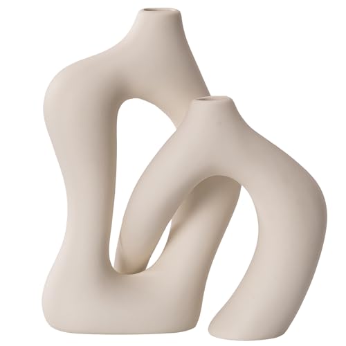 Ceramic Vase Set of 2, White Decorative Aesthetic Flower Vase for Home Décor Modern Minimalist Table, Fireplace, Shelf, Mantel, Entryway Centerpieces - color: Matte Pure White