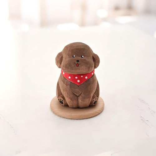 Hand-Carved Wooden Teddy Dog Figurine, 2.7" Brown Puppy Statue with Base for Car Dashboard, Desk & Home Decor, Gift for Dog Lovers - color: Brown Teddy