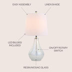 JONATHAN Y 20.5" Mosaic White Coastal Mini LED Table Lamp for Living Room Office, White Linen Drum Shade, Modern Mother of Pearl Bedside Nightstand Lamp, LED Bulb Included (JYL1024B) - color: White