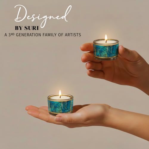SURI Chagall Style Shabbat Candle Holders Set of 2 – Glass Shabbos Sabbath Tea Light Holders, Jewish Home Décor - color: Blue (Chagall), size: Short