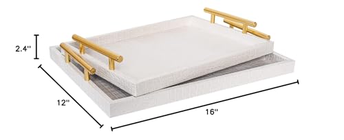 Set of 2 Modern Elegant Large Wood Serving Tray, Rectangle Decorative Tray Ottoman Tay Coffee Table Tray, Pearl White Crocodile Leather with Gold Polished Metal Handles - style: White Crocodile Tray