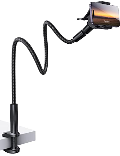 Lamicall Gooseneck Phone Holder Bed - [Nylon Braided] Flexible Arm, 38inch Overall Length, 360 Adjustable Clamp Clip, Overhead Cell Phone Mount Stand for Bed, Desk, 4-7” Cellphone, Gifts - color: Black