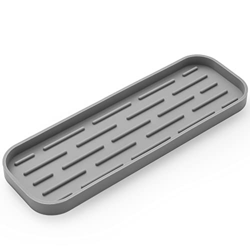 MicoYang Silicone Kitchen Sink Organizer Tray for Multiple Usage,Eco-Friendly Sponges Holder for Kitchen Bathroom Counter or Sink,Dish Soap Dispenser,Scrubber,Bottle,Cup (Grey, 12"×4") - color: Gray, size: 12" x 4" x 0.7"