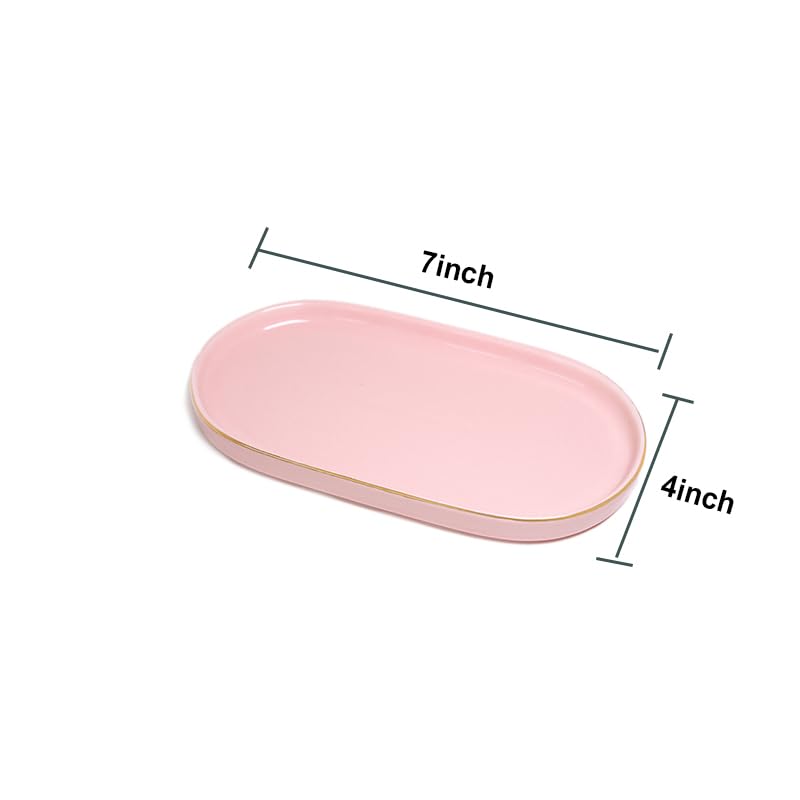 Ceramic Jewelry Dish, Perfume Vanity Tray, 7x4 Decorative Catch All Bowl for Trinket Key Ring, Small Bathroom Counter Tray, Soap Tray for Kitchen Sink (Pink) - color: Pink