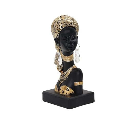African Woman Resin Bust Sculpture with Crystal Earrings – Tribal Lady Figurine in Gold Headdress for Home Decor, Black and Gold Accent Statue for Shelf, Table, Office, Gift for Women - color: 317gold