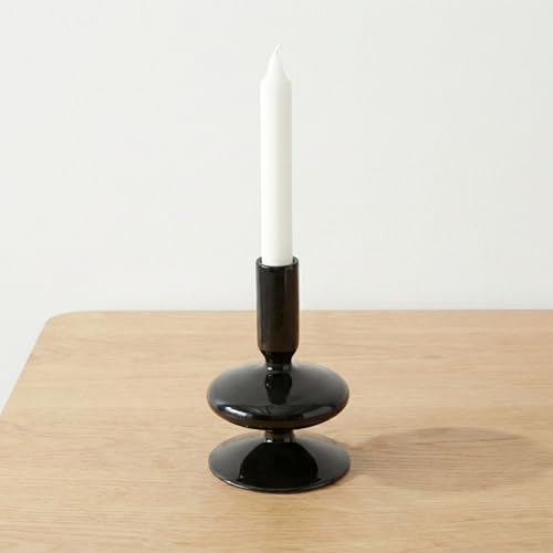 Vintage Glass Candle Holder for Pillar Candles – Taper Candle Holders for Table Decor, or Living Room – Stacked Disc Design Candlestick Holders, Boho Home Decor – 5", Black - color: Black, size: 5.0" H