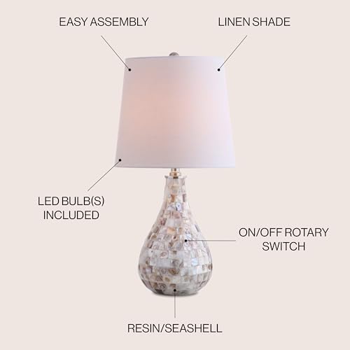 JONATHAN Y 20.5" Seashell Coastal Mini LED Table Lamp for Living Room Office, White Linen Drum Shade, Modern Mother of Pearl Bedside Nightstand Lamp, LED Bulb Included JYL1024A - color: Seashell