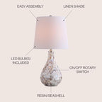 JONATHAN Y 20.5" Seashell Coastal Mini LED Table Lamp for Living Room Office, White Linen Drum Shade, Modern Mother of Pearl Bedside Nightstand Lamp, LED Bulb Included JYL1024A - color: Seashell