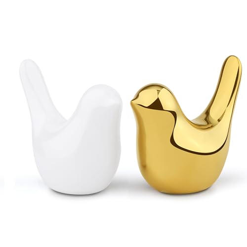 Small Birds Figurine Gold and White Home Decor Bird Animal Statues Modern Style Decorative Ornaments for Office Desktop, Cabinets, Living Room, Bedroom, Bookshelf(Gold White Birds 2Pcs) - color: Gold and White
