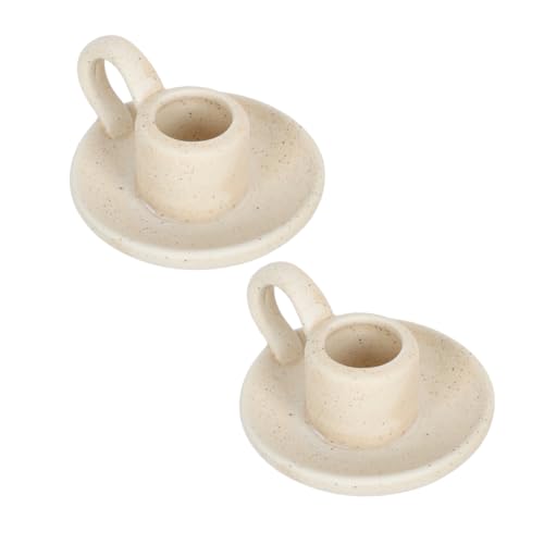 Luxshiny Ceramic Candle Holder Set 2Pcs Nordic Style Taper Candlestick Holders with Handle Small Beige Ceramic Candle Stands for Home Decor Wedding Dining Table Ambient Lighting