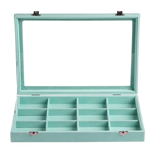 Frebeauty Velvet Jewelry Tray,12 Grid Jewelry Organizer with Clear Lid,Bracelets Holder,Jewelry Display Case with Clasp,Drawer Insert Bangle Brooch,13.8 x 9.5 x 2 Inches,Gift for Women Girl(Turquoise) - color: Turquoise, size: 12 Grid
