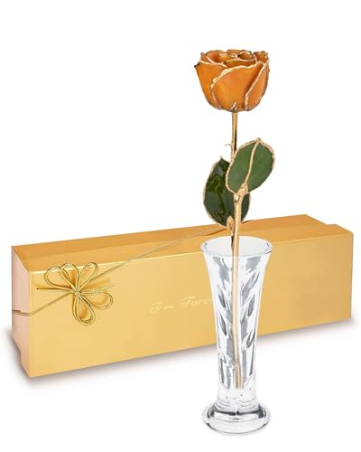 Forever Rose Hand-Dipped in 24K Gold, Golden Topaz-Inspired November Birthstone with Sparkles, Real Rose in Gold Gift Box & Clear Glass Bud Vase, Perfect Ready for November Birthday or Any Occasion - color: November Topaz