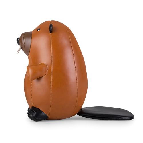 Zuny Bookend Beaver, Leather Bookends for Shelves, Handmade Animal Home Decor, Classic Series, Tan+Brown - color: Beaver