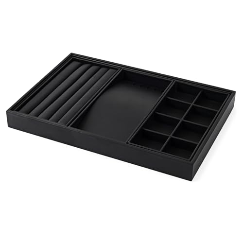 Oirlv 4 in 1 Black Premium Leather Multifunctional Jewelry Display Tray for Rings,Earrings and Bracelets Organizer and Storage - style: P01708