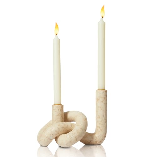 DN DECONATION Knot Shaped Taper Candle Holders - Travertine Resin Candlestick Holders, Candle Sticks Holder Boho Farmhouse Decor Coffee Table Centerpiece for Living Room Fireplace Wedding - color: Beige