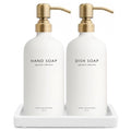 Vine Creations Glass Soap Dispenser Set, Kitchen Soap Dispenser Set with Ceramic Tray, 16 oz Dish Soap and Hand Soap Dispenser Set with Stainless Steel Pump Decor (White Bottle/Brushed Brass) - color: White Bottle / Brushed Brass Pump