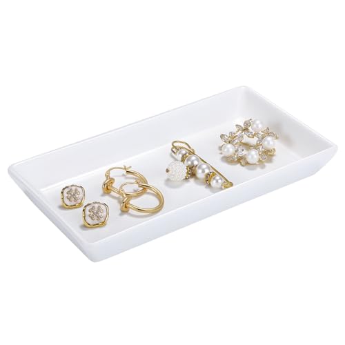 Emibele Jewelry Tray, Small Rectangle Ceramic Vanity Tray Jewelry Dish, Trinket Perfume Tray for Cosmetics, Rings, Bathroom Kitchen Soap, White - color: White(1 Pack)