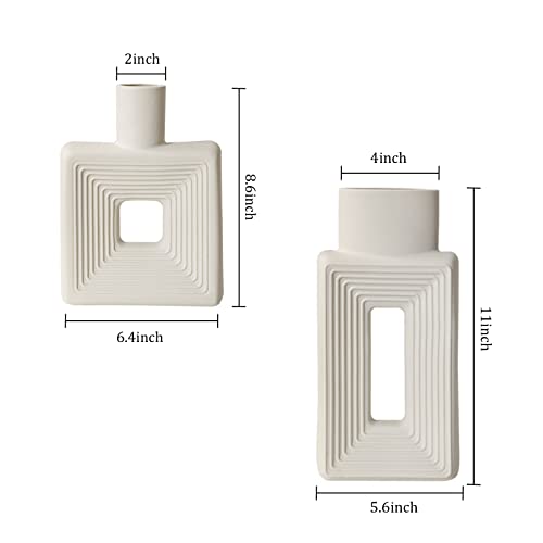 White Ceramic Vase Set of 2，Square Vase Rustic Home Decor Minimalist Nordic Boho Style for Living Room, Shelf, Table, Bookshelf, Mantel and Entryway Decor Vases - color: Square White