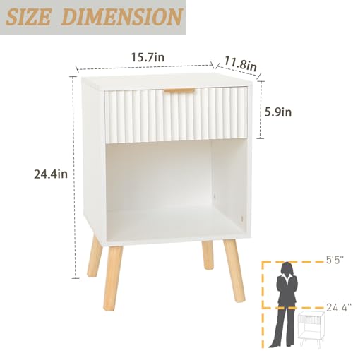 Fultyle White Nightstand, Modern Bedside Table with Drawer and Opening Storage, Fluted End Side Table Living Room with Solid Wood Legs for Bedroom (White) - color: White