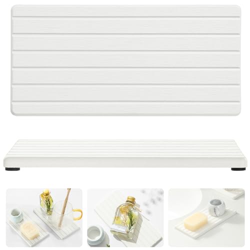 Razborci 2PCS Water Absorbing Stone Drying Tray Mat For Bathroom Sink & Kitchen Counter Faucet Organizer Decor, Quick Dry Dish Soap Dispenser Sponge Holder, Vanity Sink Caddy Bar Coaster,White-8"*3.8" - color: 2pcs - 8"x 3.8" - White