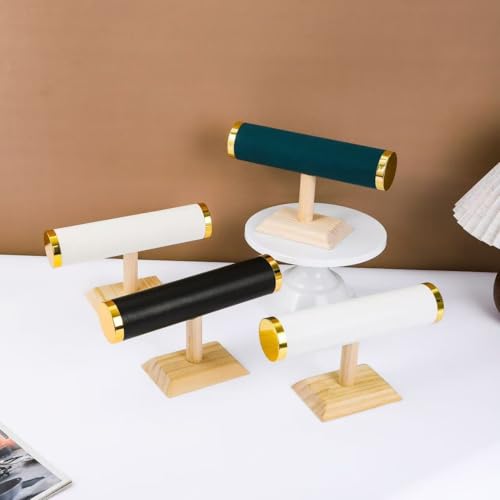 Jewelry bracelet Display T-Bar Stand 9 inch White PU Bracelet Holder with Gold Metal Ends 1-Tier Jewelry Organizer with Natural Pine Base, Bangle & Watch Display for Retail & Vanity - color: Round PU White