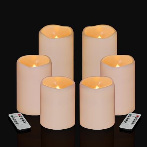 Artmarry Flameless Candles 4" 5" 6" Set of 6 Outdoor Indoor Pillars 3" Diameter Battery Operated Flickering Candles Include 10-Key Remote Timer Function 400+ Hours by 2 AA Batteries (6 Pack) - color: Ivory Candle - Warm light, size: 3"D x 4"|5"|6" H - 6 P