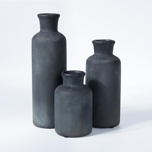 Black Ceramic Vases Set – Rustic Vintage Matte Decorative Flower Vases with Brushed Gold Effect for Home Decor, Living Room, Dining Table & Mantel Centerpieces - color: Black