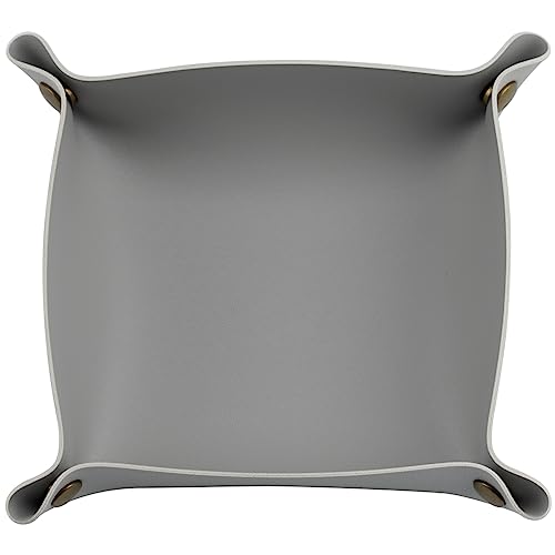Decorative Foldable Valet Tray Artificial Leather Catchall Holder Small Desk Table Organizer Tray for Jewelry, Keys, Watches, Coins (Light Gray)