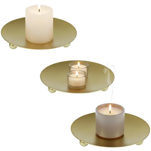 Minimalist Metal Candle Holder Plates Set of 3 – 4.7" Heat-Resistant Round Candle Base – Decorative Candle Stand for Home & Events (Gold) - color: Gold