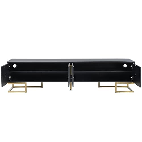 ON-TREND Modern TV Stand with Metal Legs and Gold Handles for TVs Up to 80'', Media Console Table with Cabinets and Adjustable Shelves, Luxury TV Cabinet with Geometric Lines for Living Room, Black - color: Black+gold1