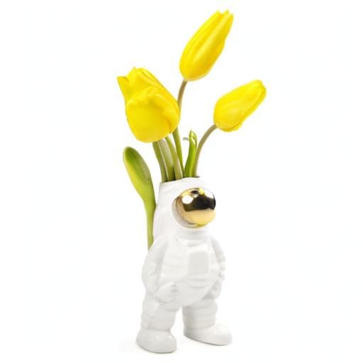 CHIVE - Astronaut Shape Vase, Planter Simple Modern Flower Bud Vase, White and Gold (Medium)