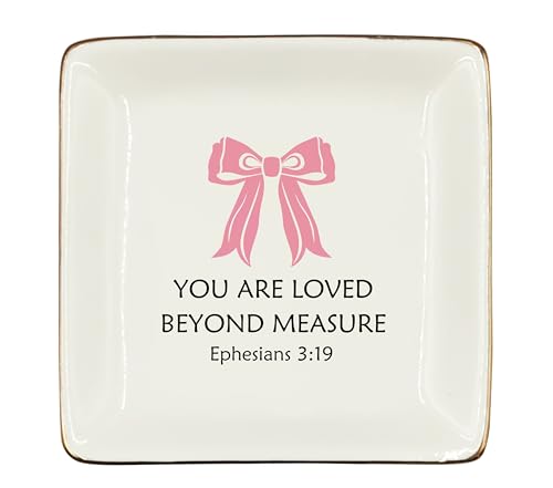 WODMIS Christian Coquette Bow Ceramic Jewelry Tray Dish, Preppy Aesthetic Ribbon Jewelry Plate Ring Trinket Dish, Trendy Bible Verse Gifts for Women Bestie Best Friends - color: Pink-4