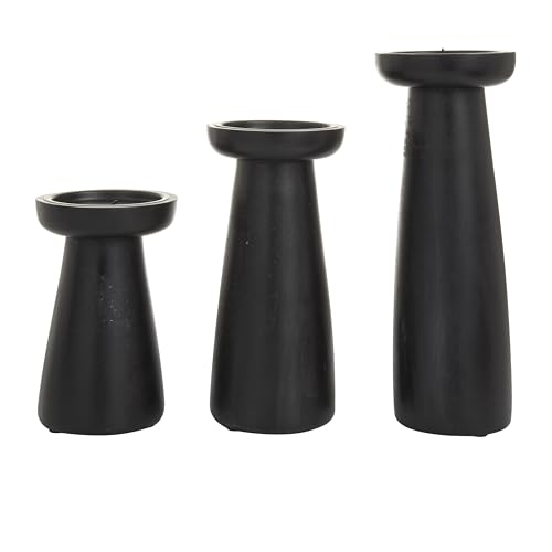 Deco 79 Mango Wood Decorative Candle Holder Pillar Candle Stand, Set of 3 Candlestick Holder 10", 6", 8" H, Black