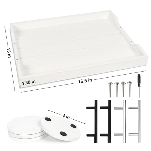 SXNOWS Coffee Table Tray - Large Ottoman Tray for Living Room - Wood Serving Tray with 2 Sets of Handles - Wooden Tray for Coffee Table, 4 Round Coasters Included, White - color: White