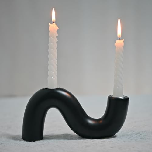 Ceramic Candle Holder, Modern Taper Candlestick Holder for Dining Table, Living Room Coffee Table, Candelabra for 2 Taper Candles-Black - color: Black