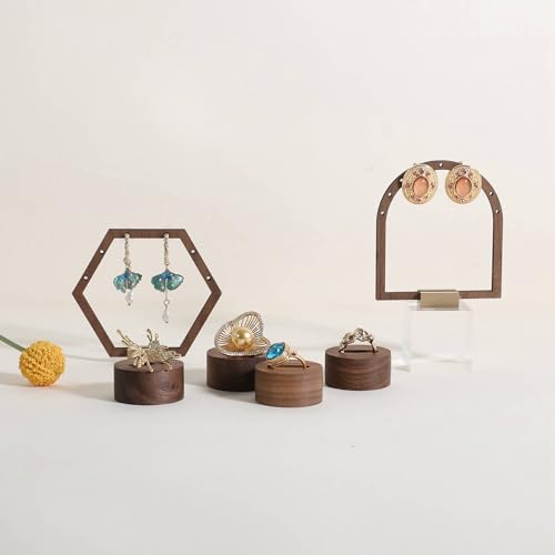 GemeShou 6pcs Wood Jewelry Ring Storage organizers, Retail ring display slot stand, Small walnut Jewelry ring holder tray for Girl Woman Room Decoration【Walnut-Round 6pcs】 - style: Circle