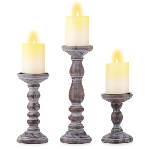Wooden Pillar Candle Holder: Rustic Brown Candle Stand Wood Distressed Candleholders Farmhouse Fall Decor for Christmas Fireplace Mantle Dining Table Living Room Shelf Set of 3 - color: Brown, size: 5.9", 8.26", 11.81"