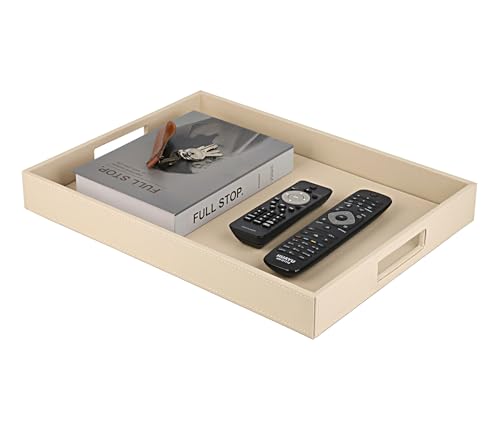 HofferRuffer Rectangle Serving Tray with Hole Handles for Coffee Table, Breakfast, Tea, Food, Butler - Countertop, Kitchen, Vanity Serve Tray, 16.2 x 12.2 x 2 inches, Faux Leather (Dark CreamWhite) - color: Dark Creamwhite, size: 16.2" x 12.2" x 2"